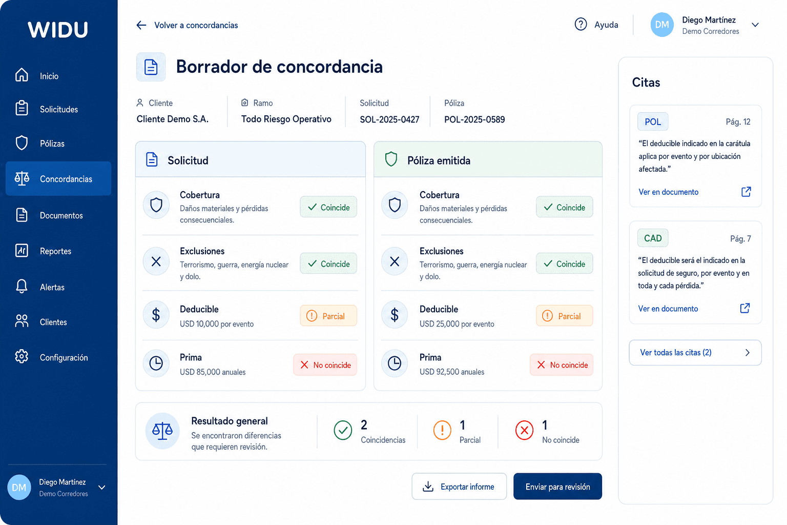 Borrador de concordancia de WIDU: comparación entre solicitud y póliza emitida con citas trazables a los condicionados POL/CAD (datos de demostración)